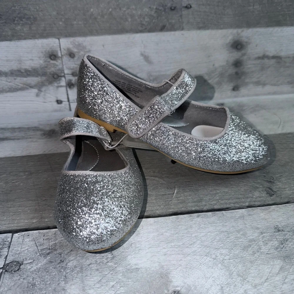 Cat & Jack Girls Silver Glitter Mary Jane Flats Dress Shoes Size 11 Sparkle